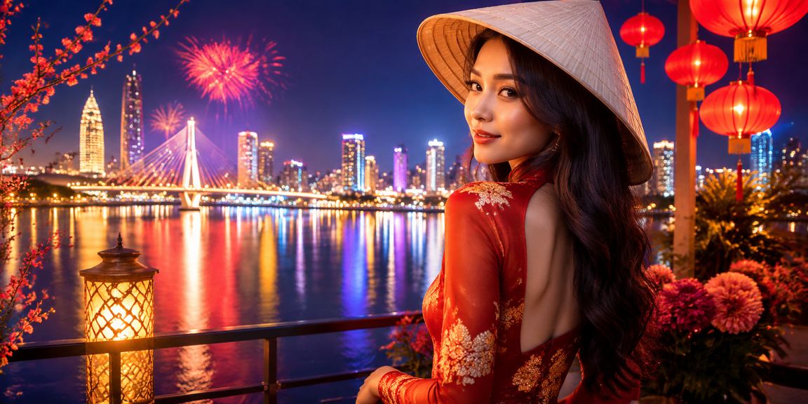 Người phụ nữ Đà Nẵng đội nón lá xem kết quả xổ số trực tuyến trên điện thoại